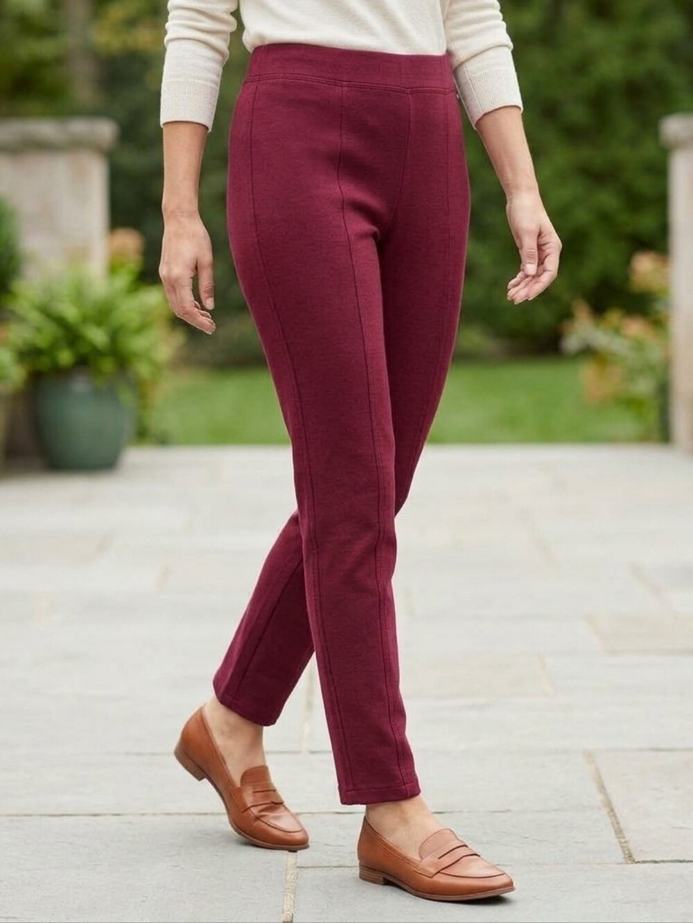 H by Halston Maroon Seamed Pull-On Pants Leggings Size L/G